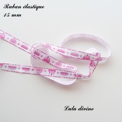 Ruban élastique blanc Chateau Carrosse Couronne fuchsia de 15 mm