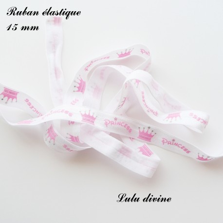 Ruban élastique blanc Princess Couronne rose de 15 mm