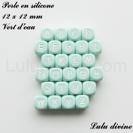 Perle en silicone 12 x 12 mm Vert d'eau Lettre