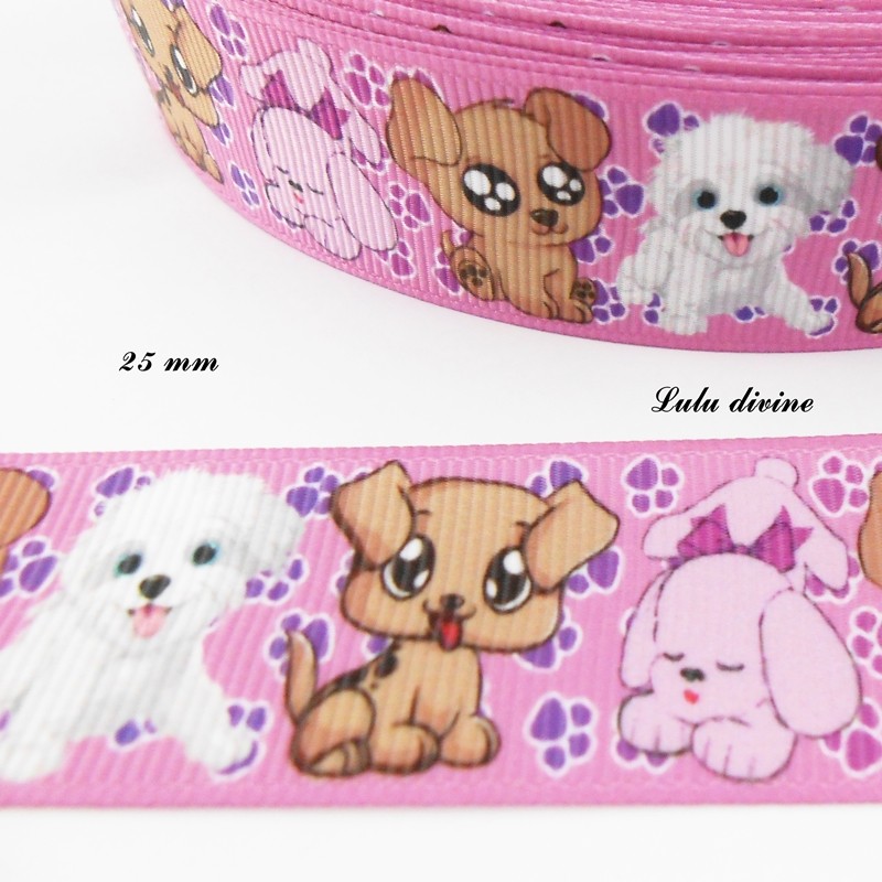 Ruban Rose Chiens Trop Mignon Blanc Beige Rose De 25 Mm Ruban Rose Chiens Trop Mignon Blanc Beige Rose De 25 Mm