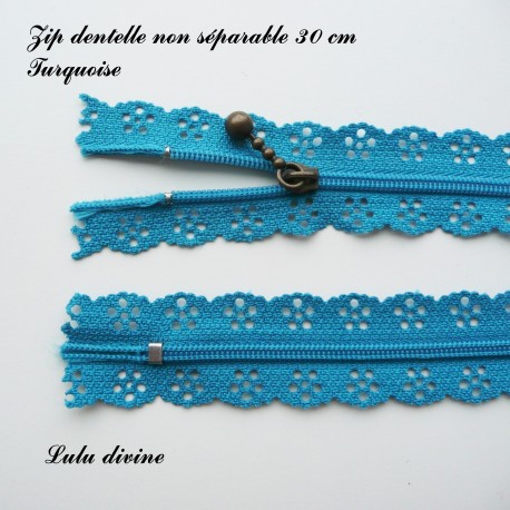 Fermeture éclair en dentelle turquoise de 30 cm