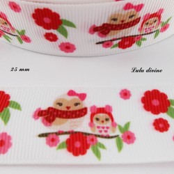 Ruban blanc Fleurs rose & rouge Hibou & Oiseau sur une branche de 25 mm