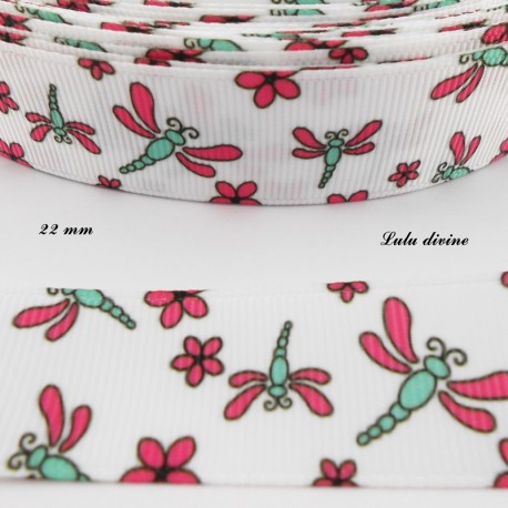 Ruban blanc Libellule & fleurs de 22 mm