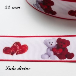 Ruban blanc liseré rouge Ourson/ Teddy rouge & blanc Valentin de 22 mm