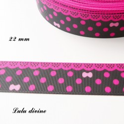 Ruban noir à pois & effet dentelle fuchsia - noeud rose de 22 mm