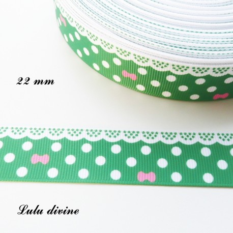 Ruban vert à pois & effet dentelle blanc - noeud rose de 22 mm