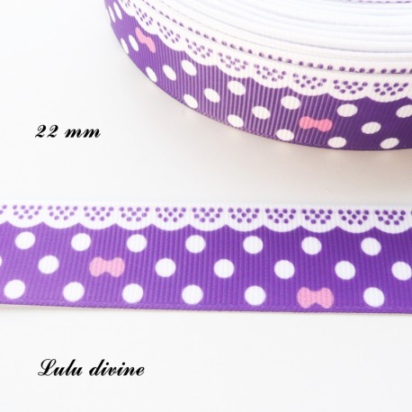 Ruban violet à pois & effet dentelle blanc - noeud rose de 22 mm