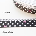 Ruban noir à pois & effet dentelle blanc - noeud rose de 22 mm