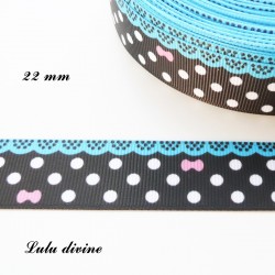 Ruban noir à pois blanc - effet dentelle turquoise - noeud rose de 22 mm