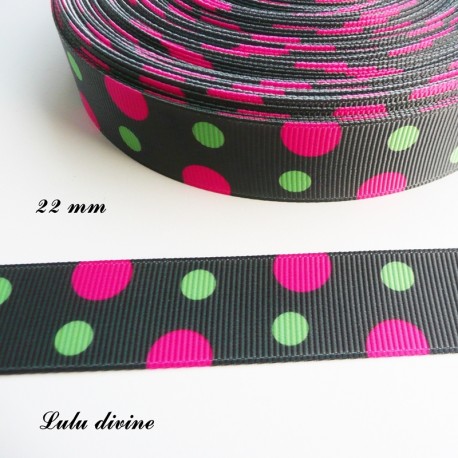 Ruban noir à gros pois fuchsia & vert de 22 mm