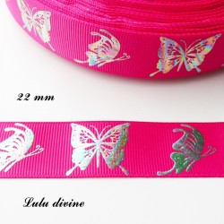 Ruban fuchsia Papillon effet brillant multicolore de 22 mm