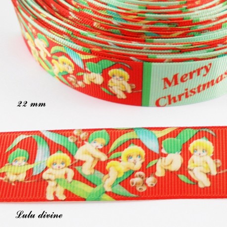 Ruban rouge & vert Merry christmas Petit Ange de 22 mm