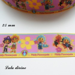 Ruban rose & jaune Fifi et ses floramis de 25 mm