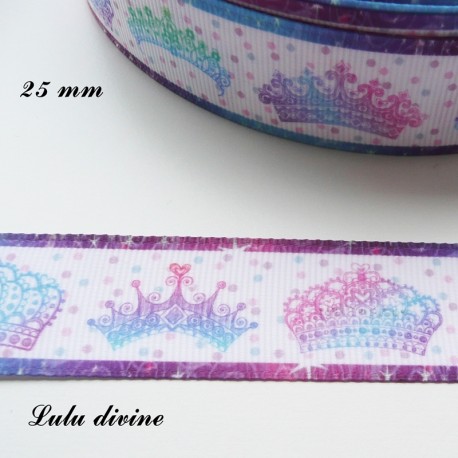 Ruban blanc liseré & Couronnes en dégradé rose bleu violet de 25 mm