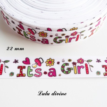 Ruban gros grain blanc It's a girl (C'est une fille) multicolore de 22 mm