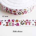 Ruban blanc It's a girl (C'est une fille) multicolore de 22 mm