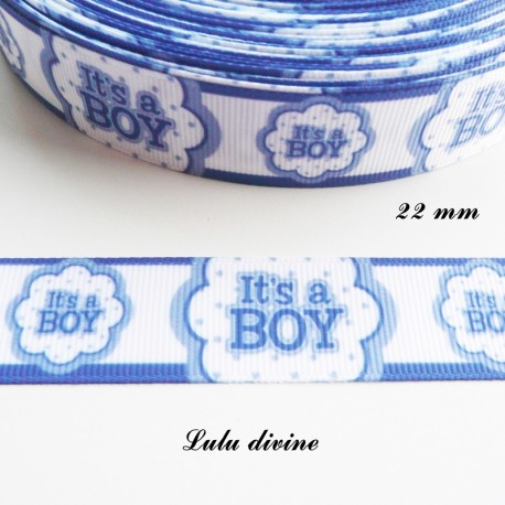 Ruban gros grain blanc liseré bleu It's a boy (C'est un garçon) de 22 mm