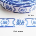 Ruban blanc liseré bleu It's a boy (C'est un garçon) de 22 mm