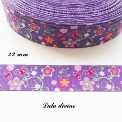 Ruban gros grain violet Arabesque verte Fleur & Papillon de 22 mm