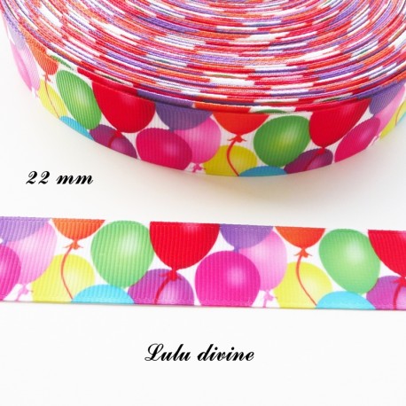 Ruban gros grain blanc Ballon multicolore de 22 mm