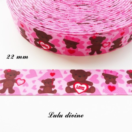 Ruban gros grain rose à cœur Ourson Teddy marron LOVE de 22 mm