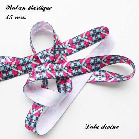 Ruban élastique motif éthnique fuchsia bleu écru de 15 mm