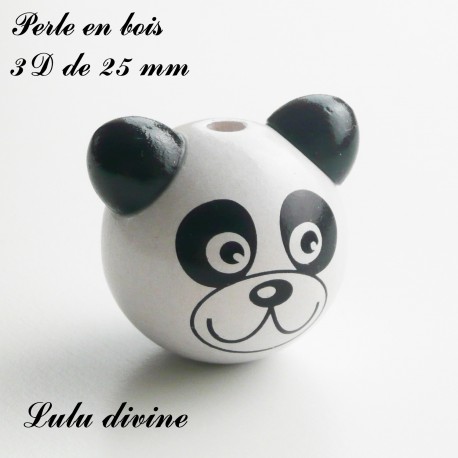 Perle en bois 3D Tête de panda : Blanc