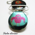 Pince 25 mm : Turquoise Petit monstre rigolo rose/violet 