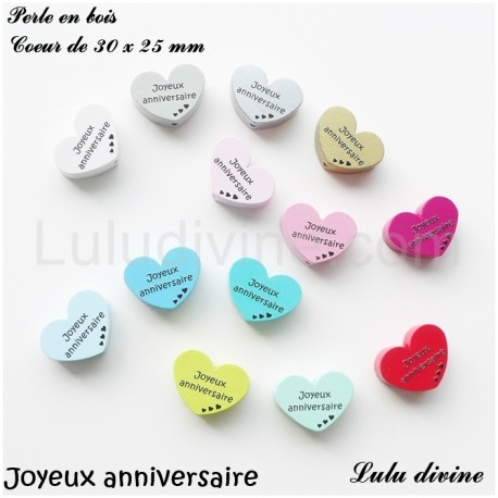 Perle en bois Coeur Joyeux anniversaire