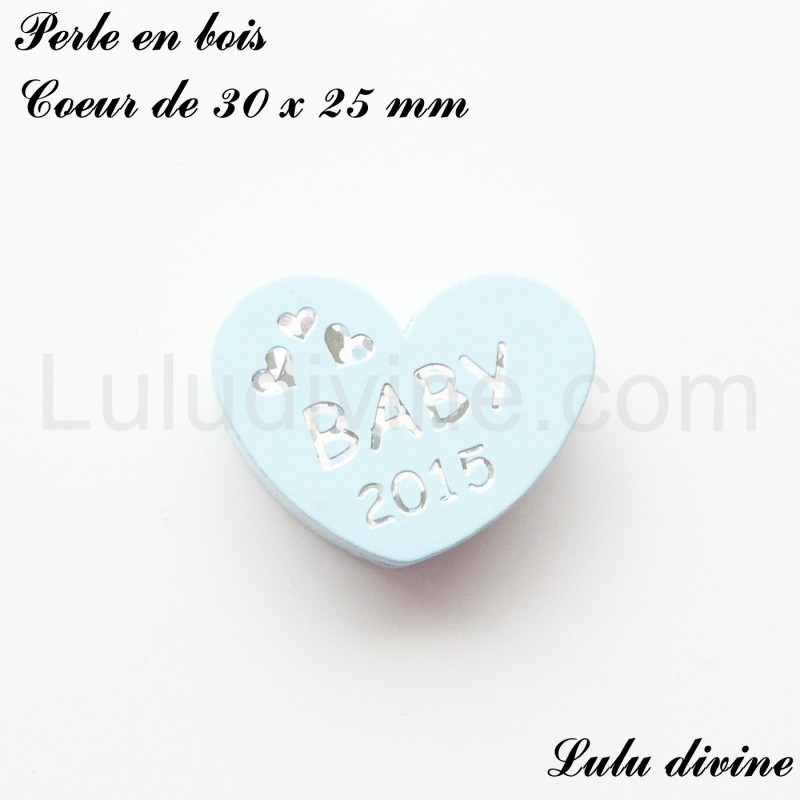 Perle plate Coeur Perle en bois de 30 x 25 mm Bleu marine